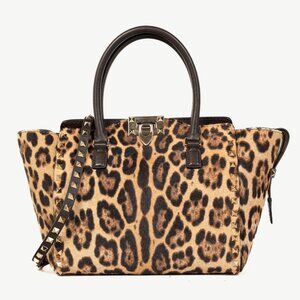 Valentino Brown Leopard Calf Hair Golden Rockstud Double Handle Tote